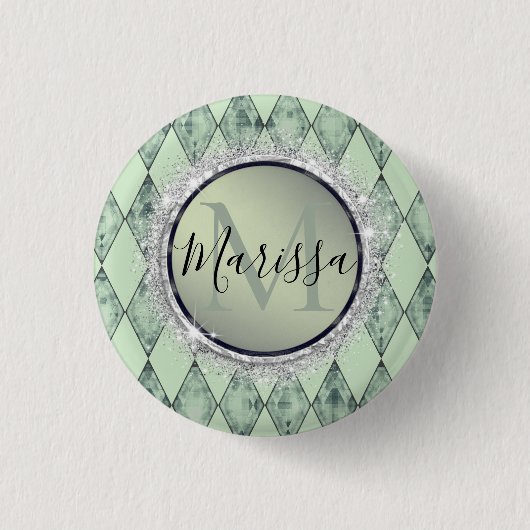 Badge Rond 2,50 Cm Monogramme d'arlequin chic à la menthe verte (Devant)