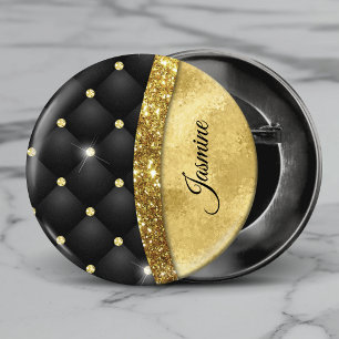Badge Rond 2,50 Cm Monogramme élégant faux diamant noir paillettes or