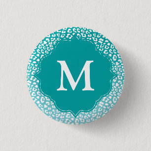 Badge Rond 2,50 Cm Monogramme Empreinte de léopard Turquoise