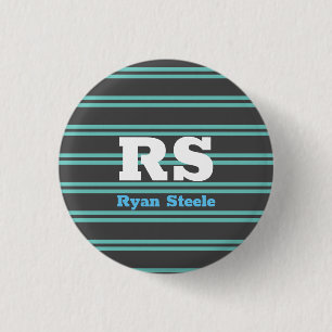 Badge Rond 2,50 Cm Monogramme et nom gras, lignes sarcelle clair sur