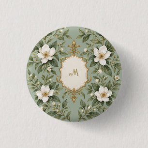 Badge Rond 2,50 Cm Monogramme floral botanique personnalisé vert saug