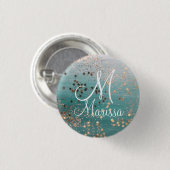 Badge Rond 2,50 Cm Monogramme Gold Stars sur Turquoise (Devant & derrière)