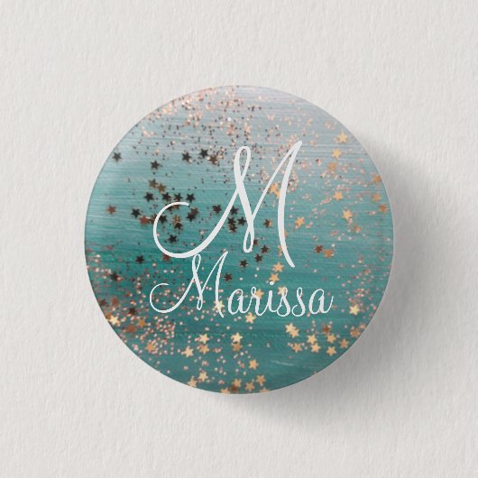 Badge Rond 2,50 Cm Monogramme Gold Stars sur Turquoise (Devant)