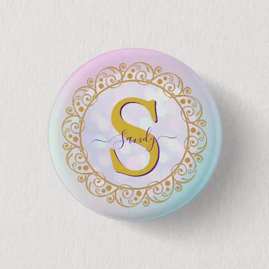 Badge Rond 2,50 Cm Monogramme personnalisé Mandala Gold et bleu (Devant)