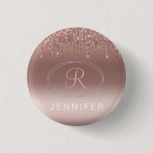 Badge Rond 2,50 Cm Monogramme rose or et Parties scintillant argent