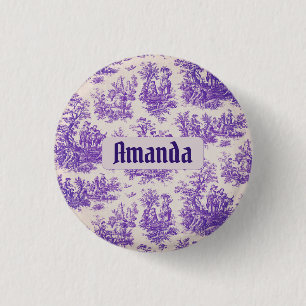 Badge Rond 2,50 Cm monogramme vintage fleuri violet toile de jouy