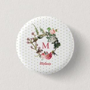 Badge Rond 2,50 Cm Monogramme Vintage Floral et Pois de couronne d'oi