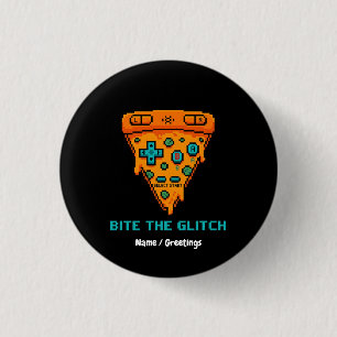 Badge Rond 2,50 Cm Mords le Bug Retro Pizza Gamer 8 Bits en Pixel
