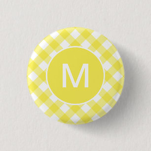 Badge Rond 2,50 Cm Motif de Gingham Classique Jaune Clair Monogrammé