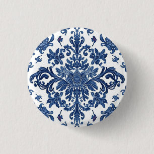 Badge Rond 2,50 Cm Motif floral damassé victorien élégant bleu marine