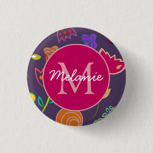 Badge Rond 2,50 Cm Motif tulipe funky violet personnalisé monogramme