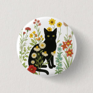Badge Rond 2,50 Cm Nature botanique – Chat noir dans un jardin de fle