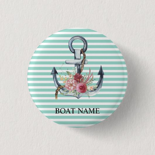 Badge Rond 2,50 Cm Nautique, Fleurs d'Ancres Mint Vert rayures (Devant)