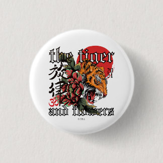 Badge Rond 2,50 Cm Néo-Traditionnel Tigre Rugissant & Fleurs Art Goth