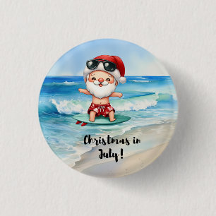 Badge Rond 2,50 Cm Noël en juillet avec le Père Noël à la plage