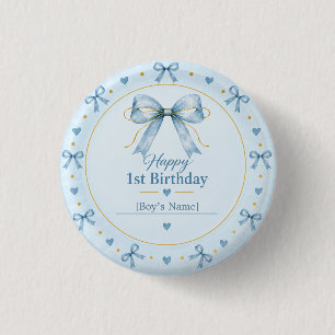 Badge Rond 2,50 Cm Nœud Bleu Poussiéreux Premier Anniversaire
