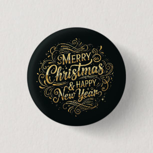 Badge Rond 2,50 Cm Noir et or Joyeux Noël et Bonne Année