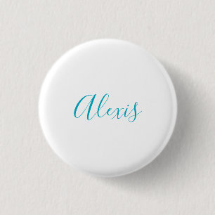 Badge Rond 2,50 Cm Nom Calligraphie Script Plain Simple Blanc Bleu