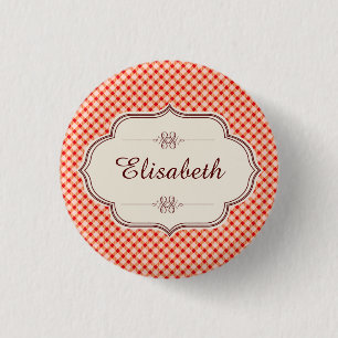 Badge Rond 2,50 Cm Nom de calligraphie en vichy vintage rouge