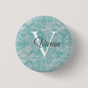 Badge Rond 2,50 Cm Nom du monogramme de l'aquarelle turquoise