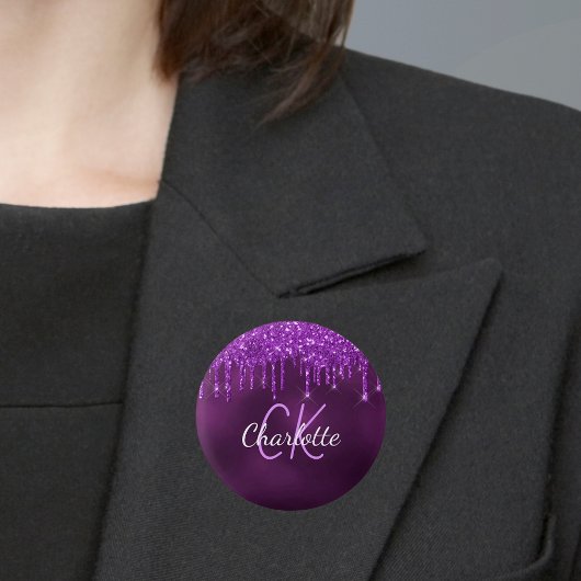 Badge Rond 2,50 Cm Nom monogramme avec gouttes de paillettes violette