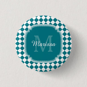Badge Rond 2,50 Cm Nom Monogrammé Turquoise et blanc tendance