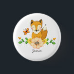 Badge Rond 2,50 Cm Nom personnalisé mignon renard et floral<br><div class="desc">Illustration de renard mignon assise sur un bouquet floral avec un petit ami papillon orange. L'option de nom personnalisé est facile à ajuster. Toutes les oeuvres de Valarie Wade.</div>