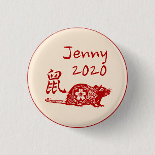 Badge Rond 2,50 Cm Nommé Chinois Année RAT Papier Coupe Design Rouge 