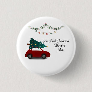 Badge Rond 2,50 Cm Notre Premier Noël Marié Avec La Voiture Rouge De 