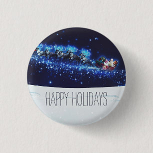 Badge Rond 2,50 Cm Nuit Bleue avec le Père Noël, Reindeer et Sleigh