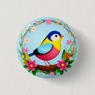 Badge Rond 2,50 Cm Oiseau Coloré Entouré de Couronne de Fleurs