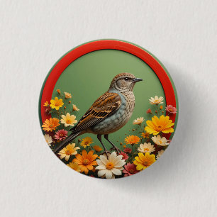 Badge Rond 2,50 Cm Oiseau Coloré Parmi des Fleurs Épanouies dans un D