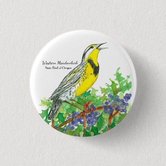 Badge Rond 2,50 Cm Oiseau d'État de l'Oregon Meadowlark Aquarelle (Devant)
