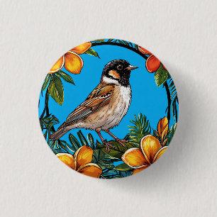 Badge Rond 2,50 Cm Oiseau encadré par des fleurs vibrantes