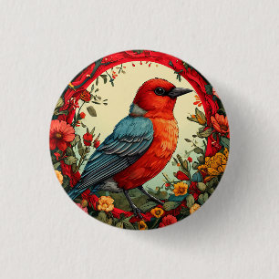 Badge Rond 2,50 Cm Oiseau encadré par des fleurs vibrantes