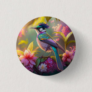 Badge Rond 2,50 Cm Oiseau fantastique à ailes arc-en-ciel et crête bl