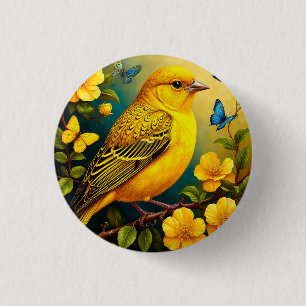 Badge Rond 2,50 Cm Oiseau jaune perché parmi les fleurs éclatantes