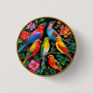Badge Rond 2,50 Cm Oiseaux Vibrants Posés sur des Branches en Fleurs