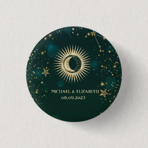 Badge Rond 2,50 Cm Or céleste Soleil Et Lune Étoiles Vert
