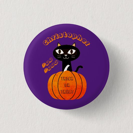 Badge Rond 2,50 Cm Orange Purple Éffrayant Chat Citrouille fête Hallo (Devant)