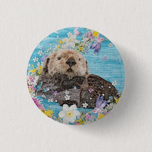 Badge Rond 2,50 Cm Otter Nager dans les fleurs (Devant)