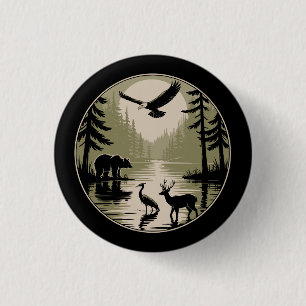 Badge Rond 2,50 Cm Ours Cerf Aigle Lune Forêt Silhouette