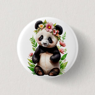 Badge Rond 2,50 Cm Ours De Panda Transparent Avec Fleurs