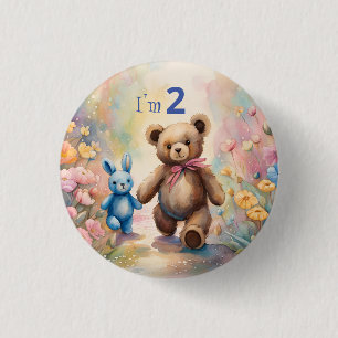 Badge Rond 2,50 Cm Ours en peluche et lapin dans un jardin pastel