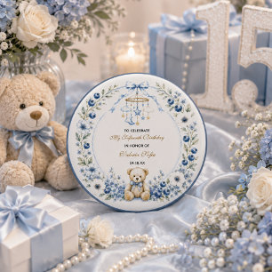 Badge Rond 2,50 Cm Ours en peluche floral bleu pour une fête d'annive
