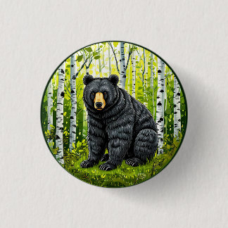 Badge Rond 2,50 Cm Ours noir dans une forêt de bouleaux