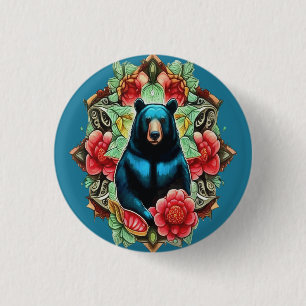 Badge Rond 2,50 Cm Ours noir de l'Alabama entouré de Camellia