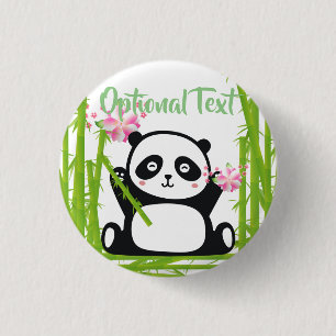 Badge Rond 2,50 Cm Panda heureux avec bambou et fleurs de cerisiers