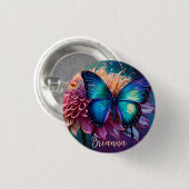 Badge Rond 2,50 Cm Papillon bleu et Dahlia (Devant & derrière)
