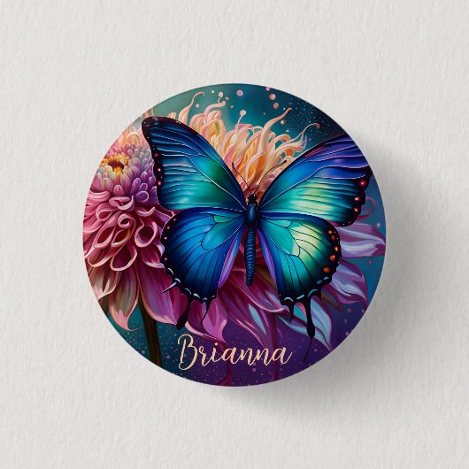 Badge Rond 2,50 Cm Papillon bleu et Dahlia (Devant)